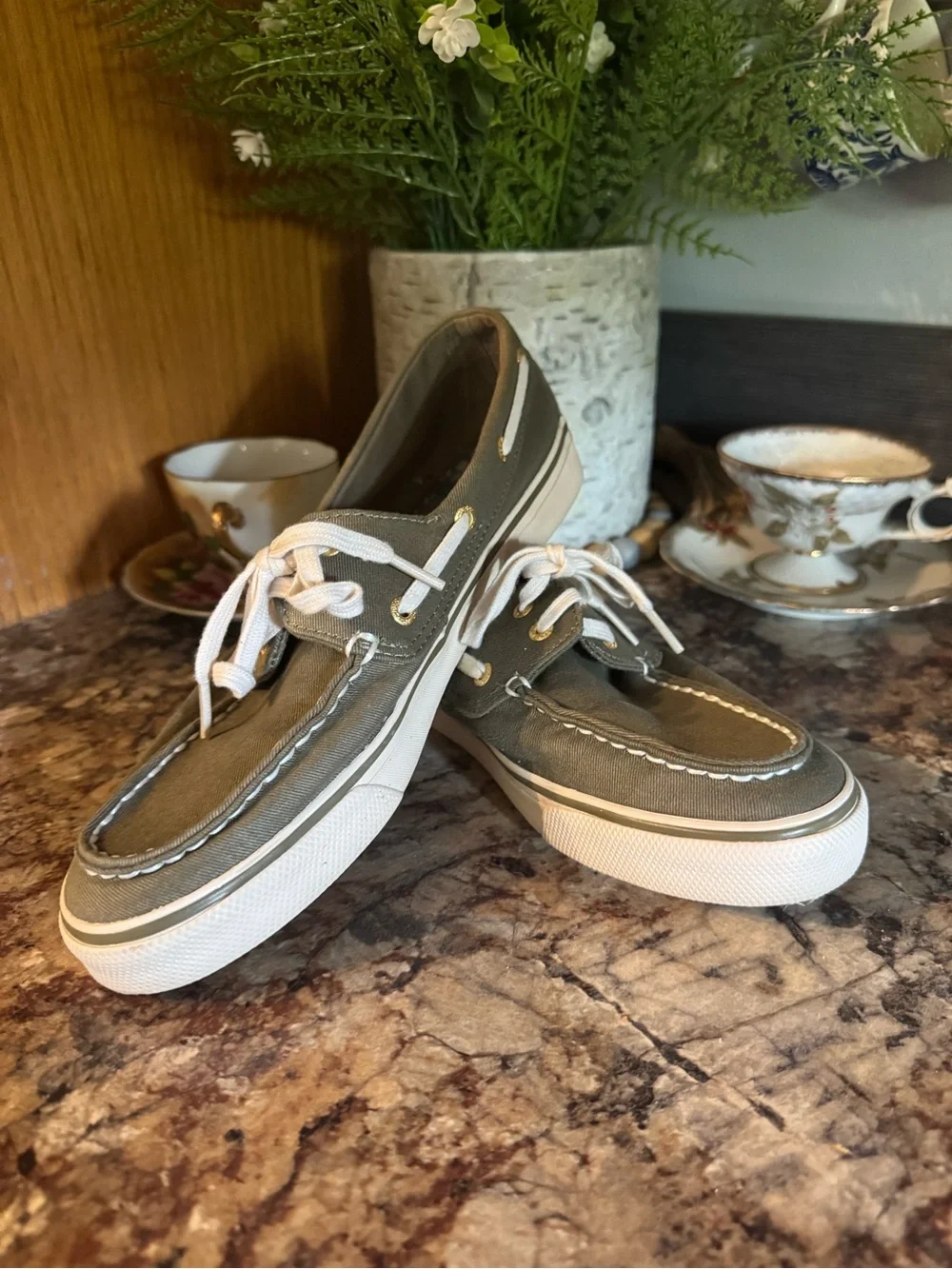 Sperry Olive Green Canvas Boat Sneakers with White Soles